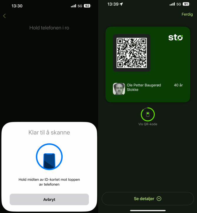 Først skanner du ID-kortet ditt med BankID-appen, og så kan du identifisere deg med et skjermbilde som det til høyre. 📸: Ole Petter Baugerød Stokke