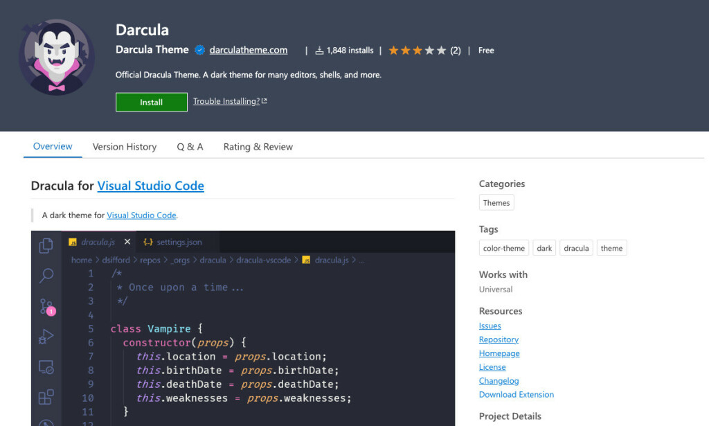 Darcula er en falsk versjon av det populære Dracula-temaet. 📸: Skjermbilde fra VS Code Marketplace