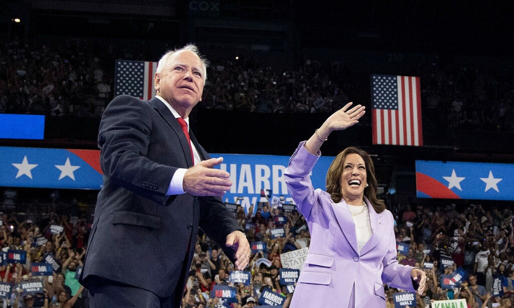 Kamala Harris og visepresidentkandidat Tim Walz under et valgkamparrangement i Las Vegas. 📸: Ronda Churchill / AFP / NTB