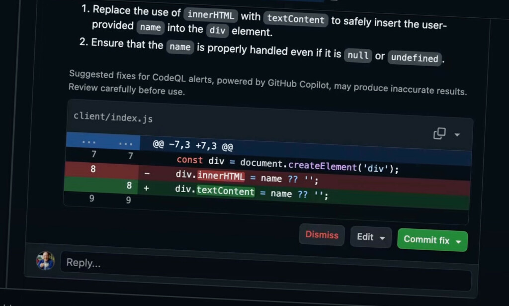 GitHub Copilot Autofix kan automatisk komme med forslag til hvordan du fikser sårbarheter i koden din, og lage en PR med den rettede koden. 📸: GitHub/YouTube